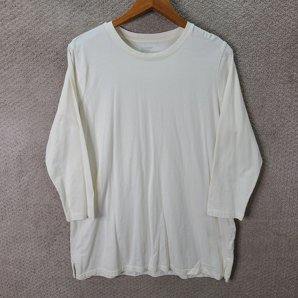 Lands End Shirt Womens XL Tall Ivory 3/4 Sleeve Cotton Crew Neck Casual